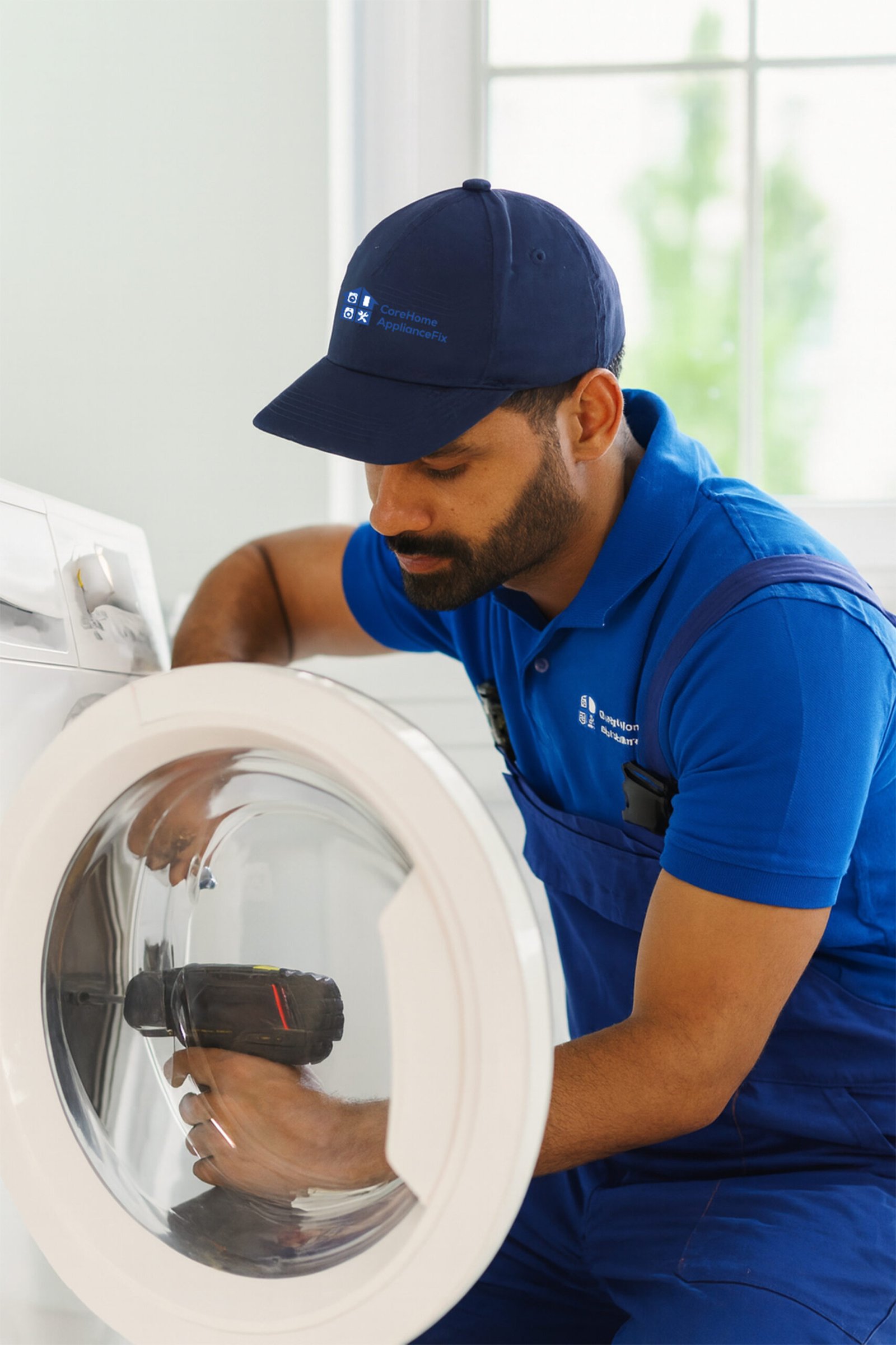 Technician repairing washing machine door