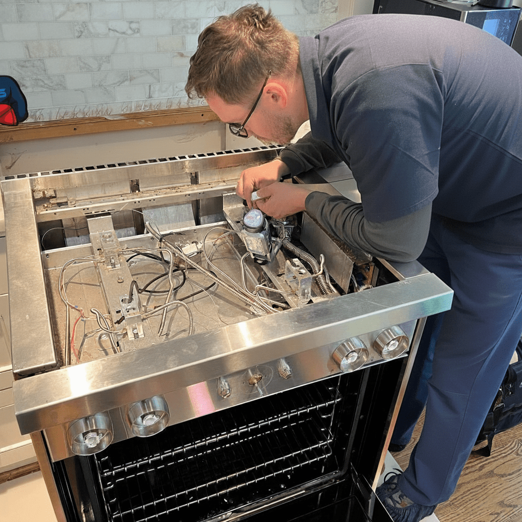 Technician checking internal panel of washing machine